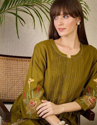 Adults-Women Woven Design Embroidered A-Line Kurta with Palazzos 1