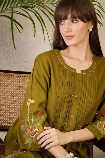 Adults-Women Woven Design Embroidered A-Line Kurta with Palazzos