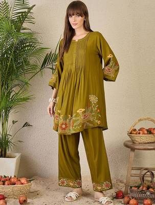 Adults-Women Woven Design Embroidered A-Line Kurta with Palazzos 2