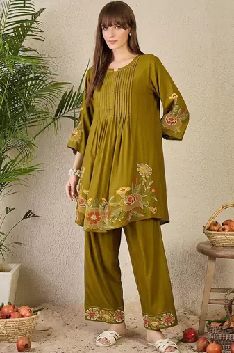Adults-Women Woven Design Embroidered A-Line Kurta with Palazzos