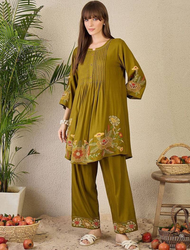Adults-Women Woven Design Embroidered A-Line Kurta with Palazzos