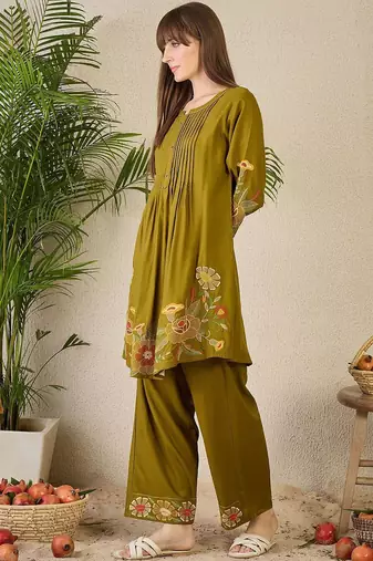 Adults-Women Woven Design Embroidered A-Line Kurta with Palazzos