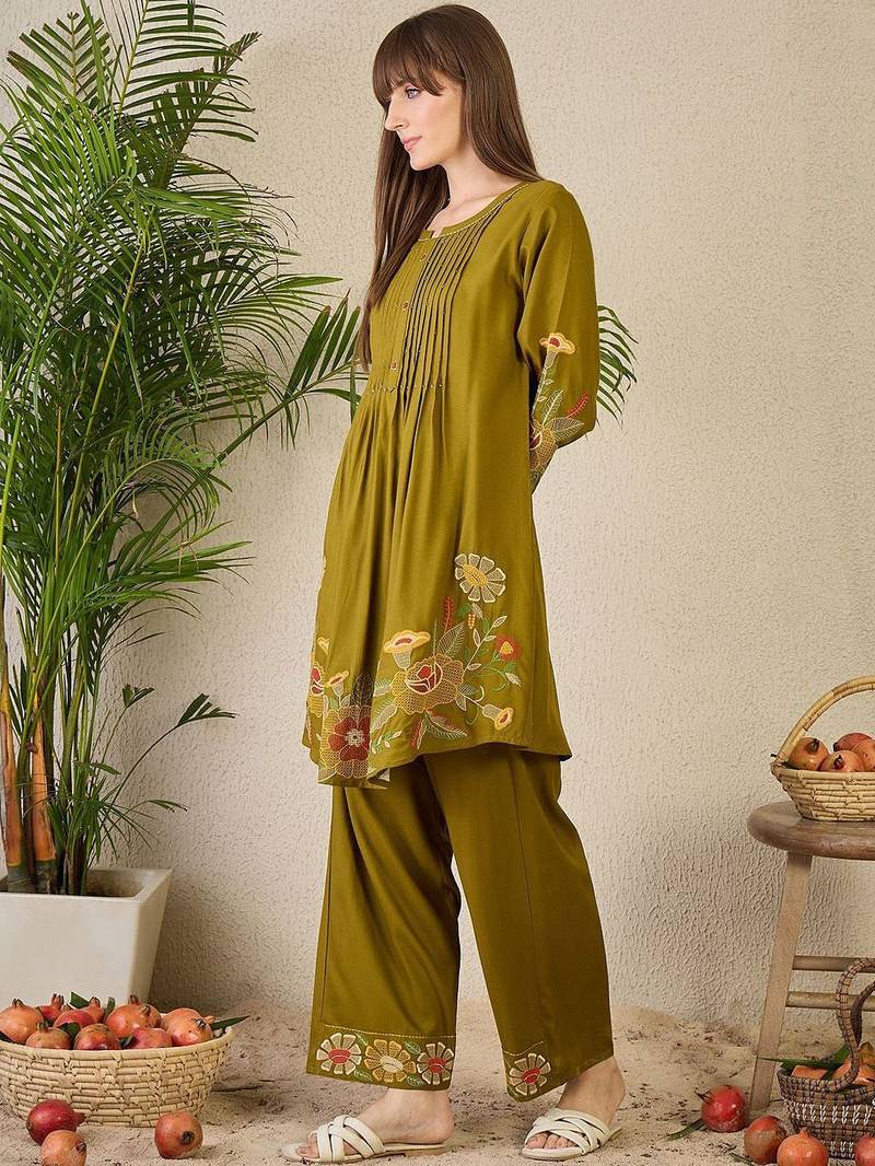 Adults-Women Woven Design Embroidered A-Line Kurta with Palazzos