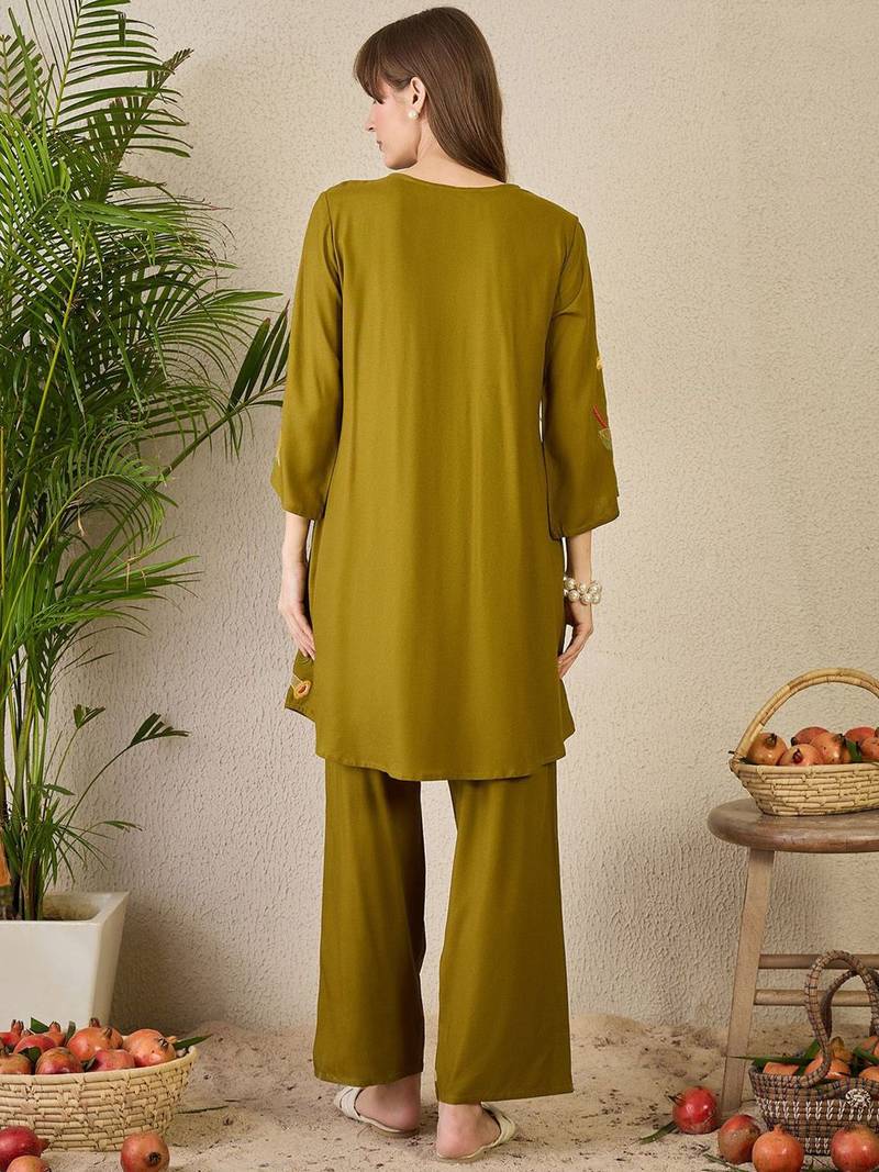 Adults-Women Woven Design Embroidered A-Line Kurta with Palazzos