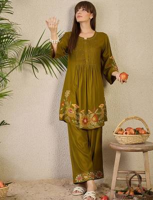 Adults-Women Woven Design Embroidered A-Line Kurta with Palazzos 5