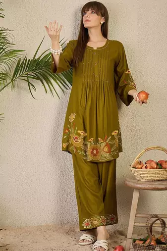 Adults-Women Woven Design Embroidered A-Line Kurta with Palazzos