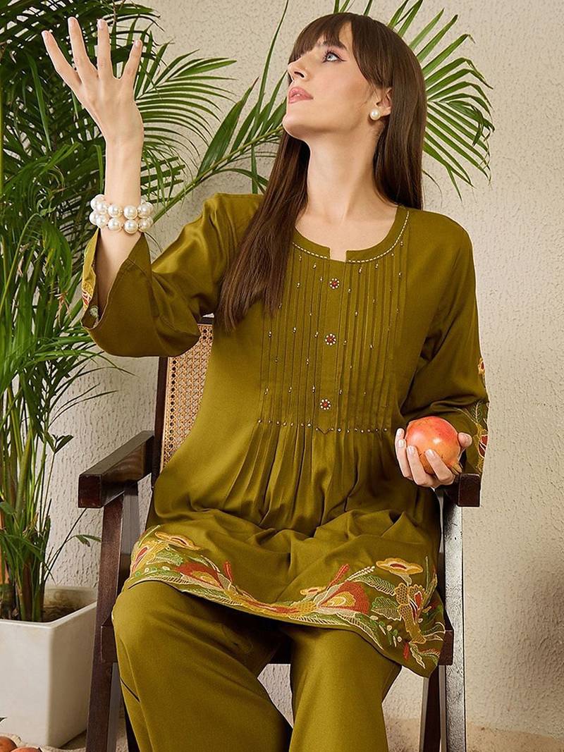 Adults-Women Woven Design Embroidered A-Line Kurta with Palazzos