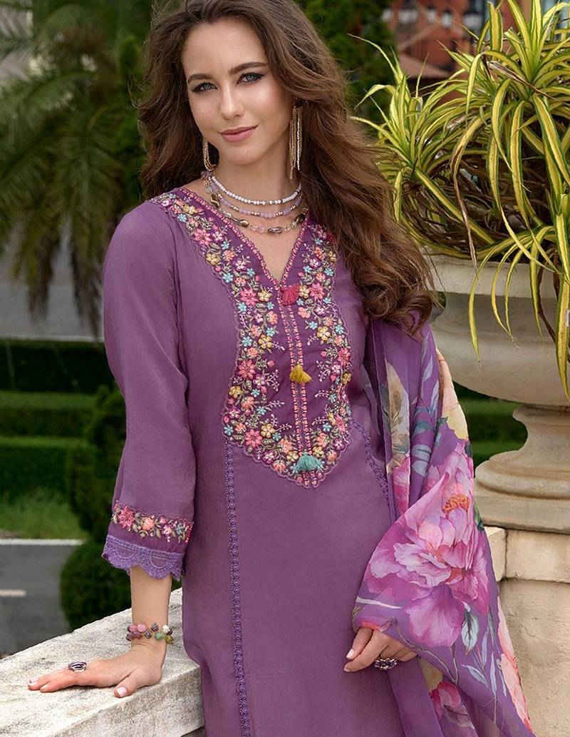 Floral Embroidered A-Line Kurta With Trousers & Dupatta