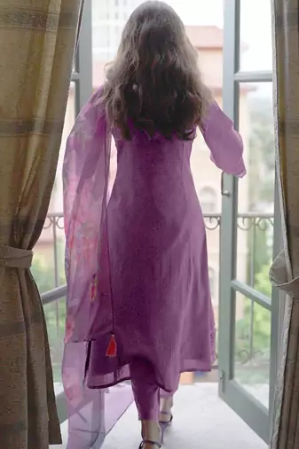 Floral Embroidered A-Line Kurta With Trousers & Dupatta