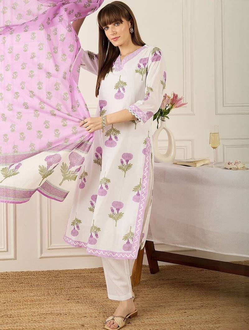 Floral Printed V-Neck Thread Work Pure Cotton Kurta With Trousers & Dupatta