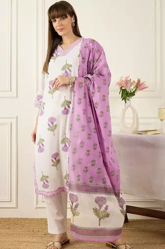 Floral Printed V-Neck Thread Work Pure Cotton Kurta With Trousers & Dupatta