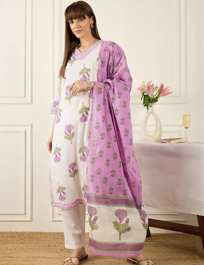 Floral Printed V-Neck Thread Work Pure Cotton Kurta With Trousers & Dupatta