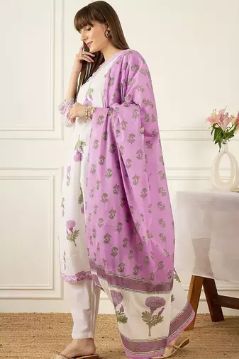 Floral Printed V-Neck Thread Work Pure Cotton Kurta With Trousers & Dupatta