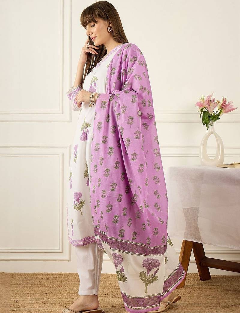 Floral Printed V-Neck Thread Work Pure Cotton Kurta With Trousers & Dupatta