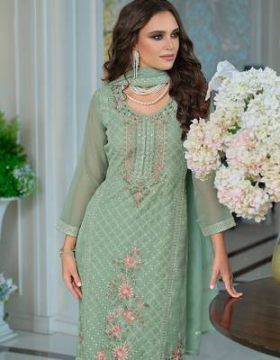 Adults-Women Woven Design Embroidered Kurta with Trousers & Dupatta 1