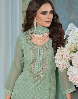 Adults-Women Woven Design Embroidered Kurta with Trousers & Dupatta 3