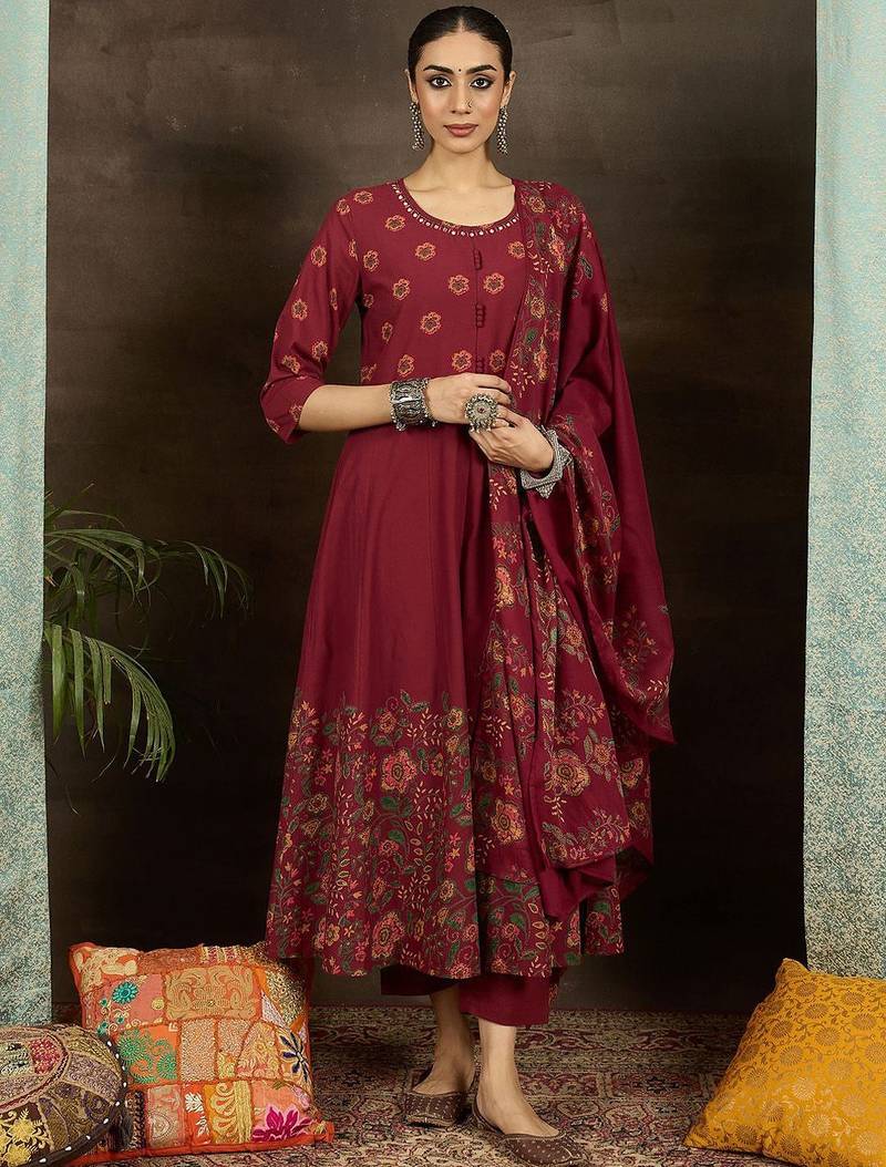 Women Floral Printed Beads and Stones Pure Cotton Kurta with Trousers & Dupatta