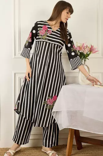 Floral Printed Thread Work Pure Cotton Kurta With Palazzos