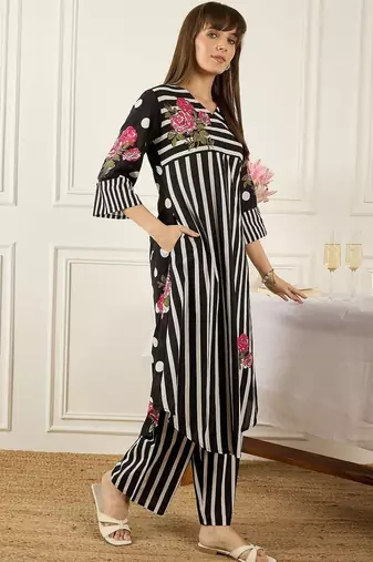 Floral Printed Thread Work Pure Cotton Kurta With Palazzos