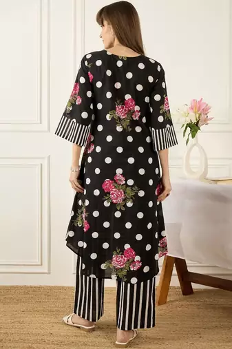 Floral Printed Thread Work Pure Cotton Kurta With Palazzos