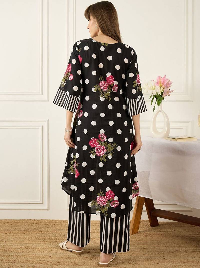 Floral Printed Thread Work Pure Cotton Kurta With Palazzos