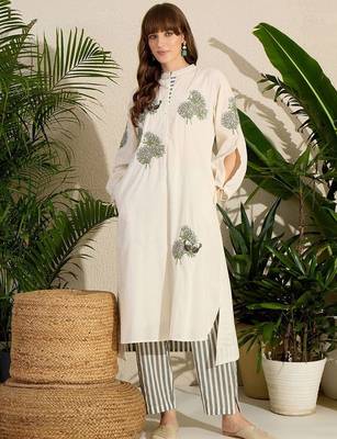 Adults-Women Woven Design Embroidered Cotton Kurta with Trousers 2