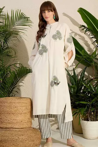 Adults-Women Woven Design Embroidered Cotton Kurta with Trousers