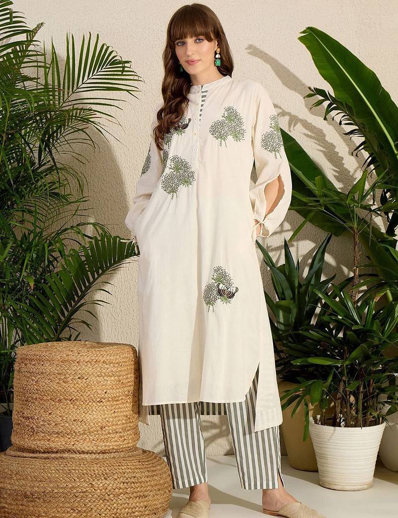 Adults-Women Woven Design Embroidered Cotton Kurta with Trousers