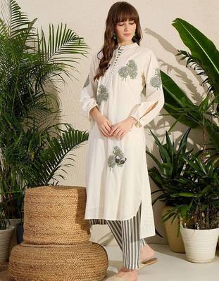 Adults-Women Woven Design Embroidered Cotton Kurta with Trousers 3