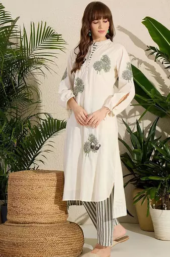 Adults-Women Woven Design Embroidered Cotton Kurta with Trousers