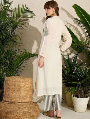 Adults-Women Woven Design Embroidered Cotton Kurta with Trousers 4