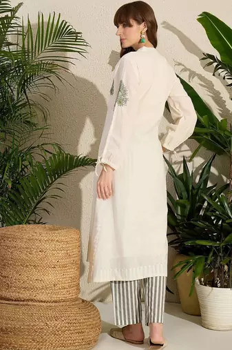 Adults-Women Woven Design Embroidered Cotton Kurta with Trousers