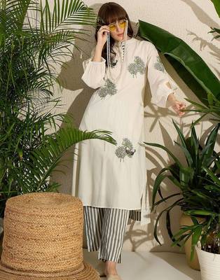 Adults-Women Woven Design Embroidered Cotton Kurta with Trousers 5