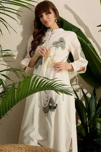 Adults-Women Woven Design Embroidered Cotton Kurta with Trousers