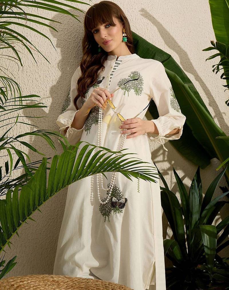Adults-Women Woven Design Embroidered Cotton Kurta with Trousers