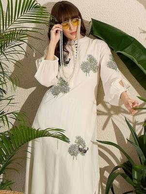 Adults-Women Woven Design Embroidered Cotton Kurta with Trousers 7