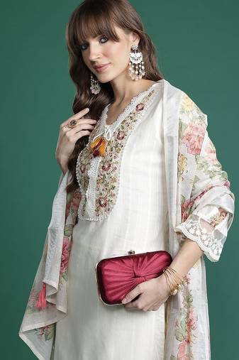 Floral Embroidered Regular Linen Kurta with Trousers & Dupatta