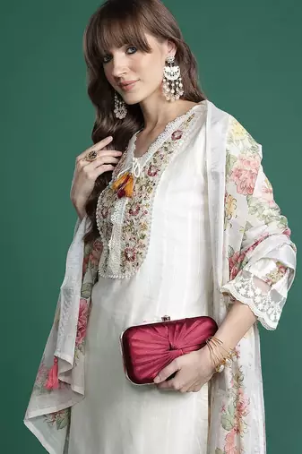 Floral Embroidered Regular Linen Kurta with Trousers & Dupatta