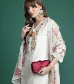 Floral Embroidered Regular Linen Kurta with Trousers & Dupatta