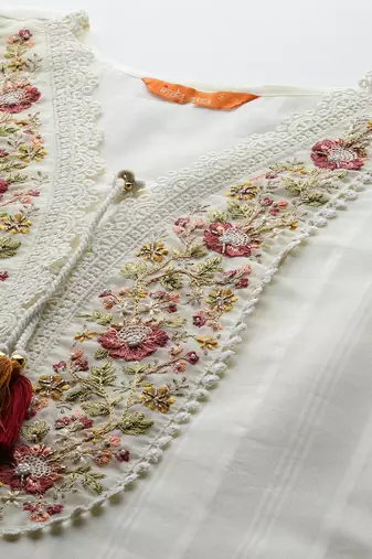 Floral Embroidered Regular Linen Kurta with Trousers & Dupatta