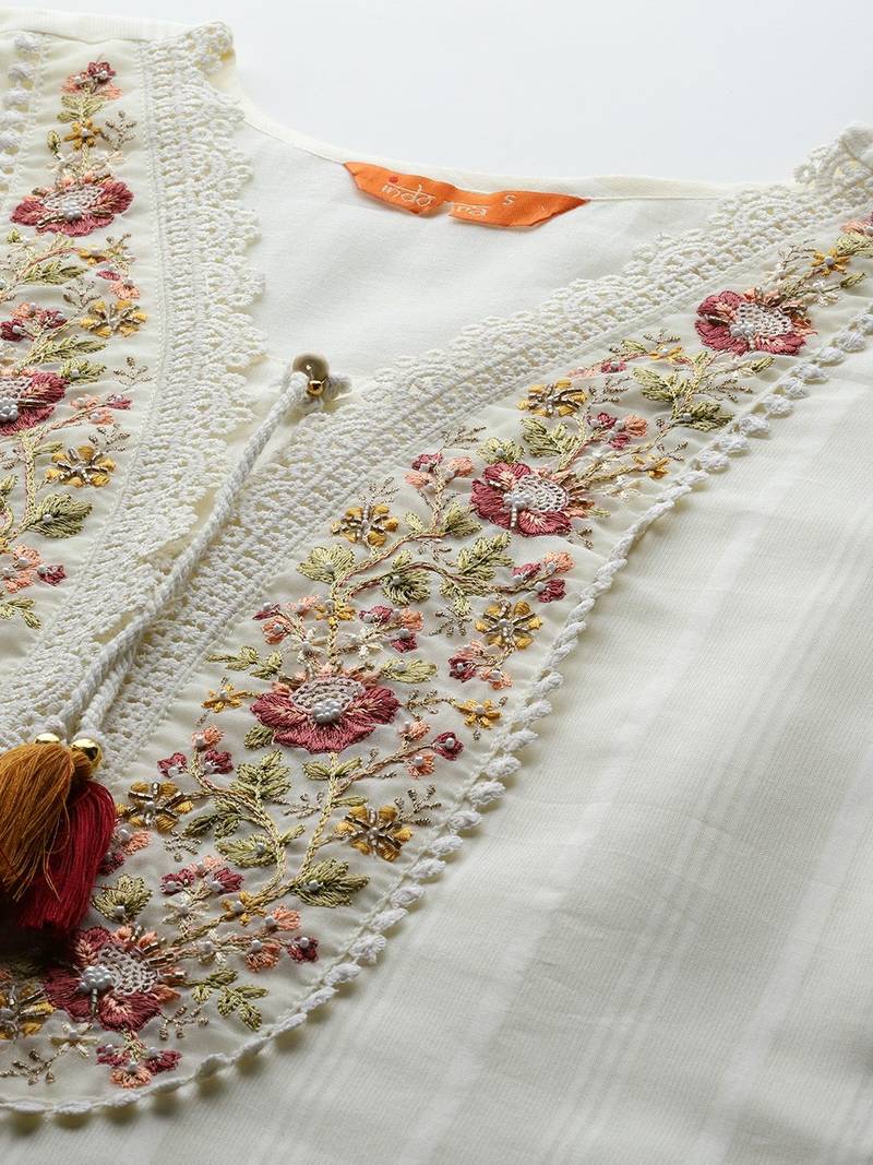 Floral Embroidered Regular Linen Kurta with Trousers & Dupatta