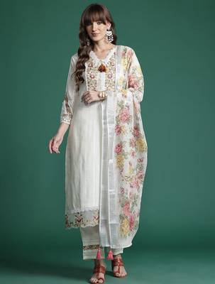 Floral Embroidered Regular Linen Kurta with Trousers & Dupatta 5