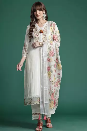 Floral Embroidered Regular Linen Kurta with Trousers & Dupatta