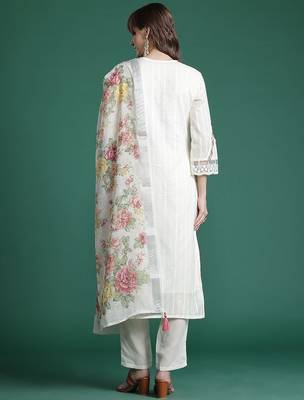 Floral Embroidered Regular Linen Kurta with Trousers & Dupatta 7