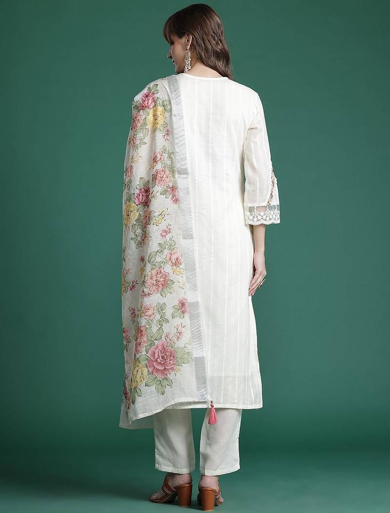 Floral Embroidered Regular Linen Kurta with Trousers & Dupatta