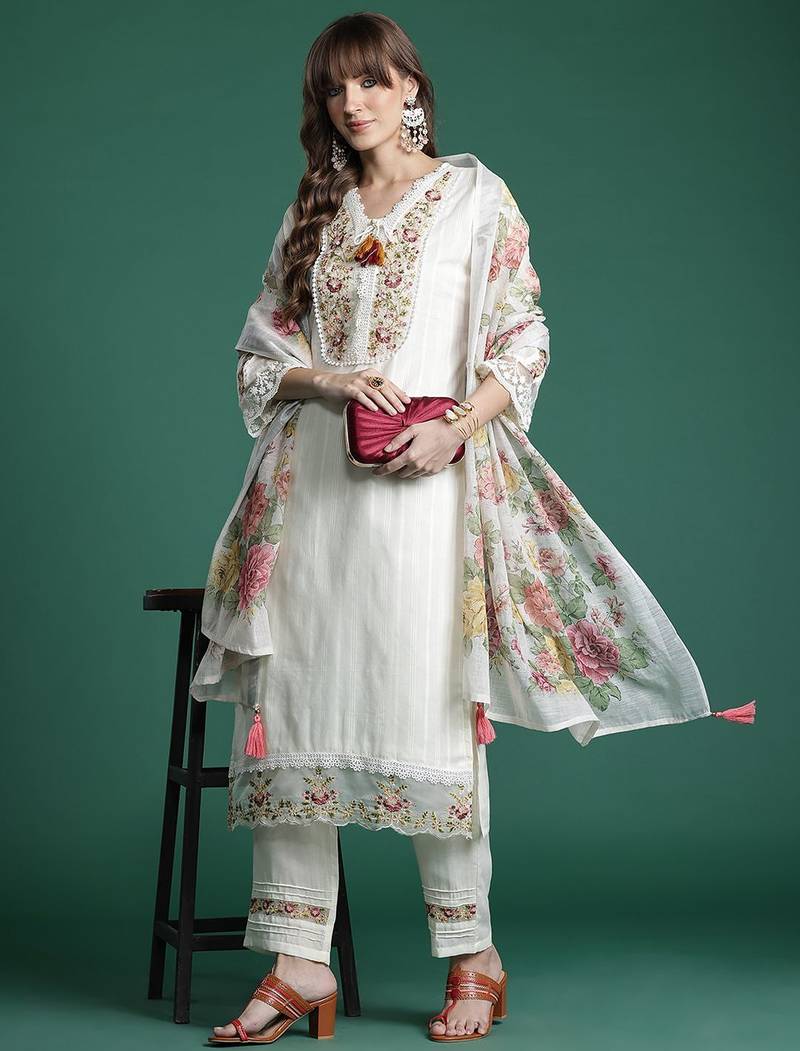 Floral Embroidered Regular Linen Kurta with Trousers & Dupatta