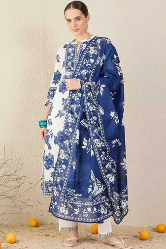 Women Floral Printed Cotton Kurta with Trousers & Dupatta