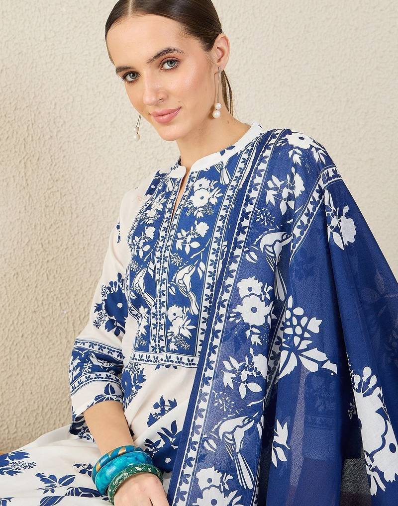 Women Floral Printed Cotton Kurta with Trousers & Dupatta