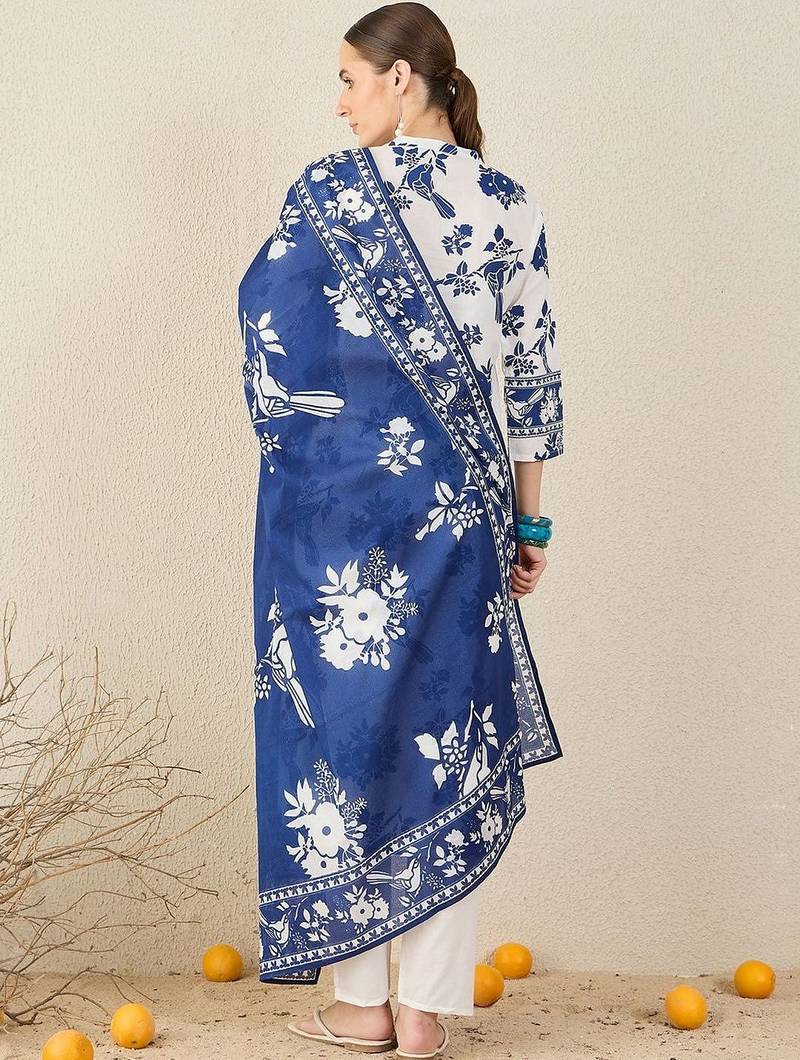 Women Floral Printed Cotton Kurta with Trousers & Dupatta