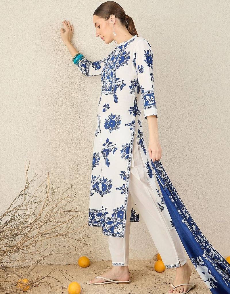 Women Floral Printed Cotton Kurta with Trousers & Dupatta